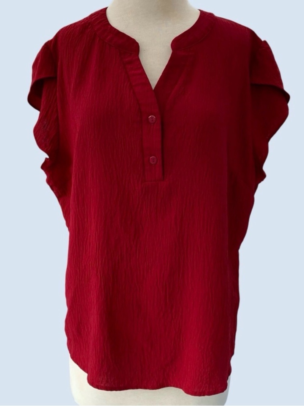 Red Crepe Flutter Sleeve V-Neck Lightweight Flowy Blouse ~ Women’s XL